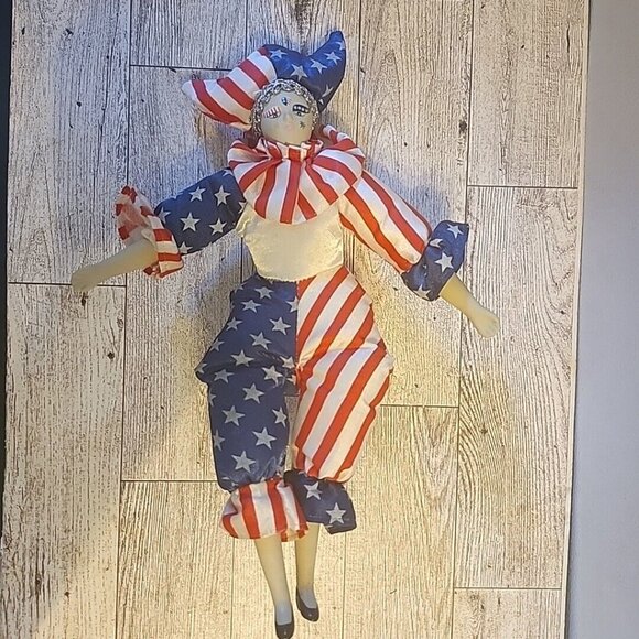Sugar Loaf Creations Patriotic Jester Clown Doll USA Flag Heart Face July 4th - Picture 5 of 9
